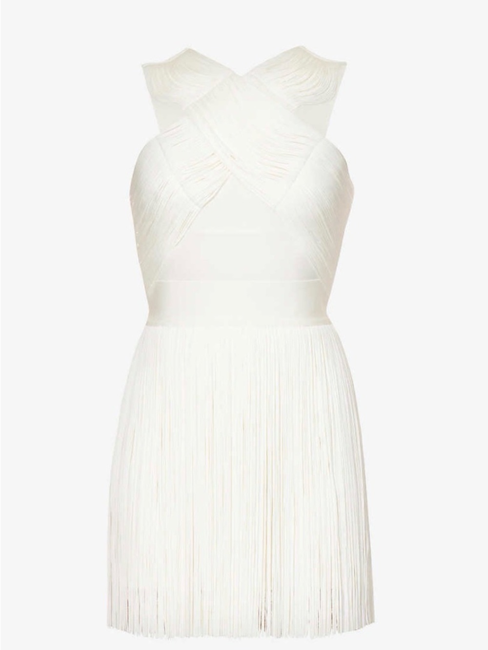 Herve Leger Ivory Cross-Halter Fringe Mini Dress in Alabaster
